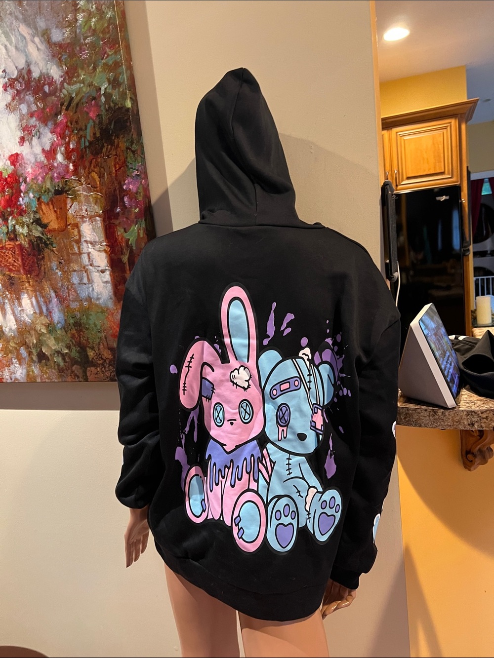 Black Hoodie with Pink & Blue Bunny S Design on back nwt